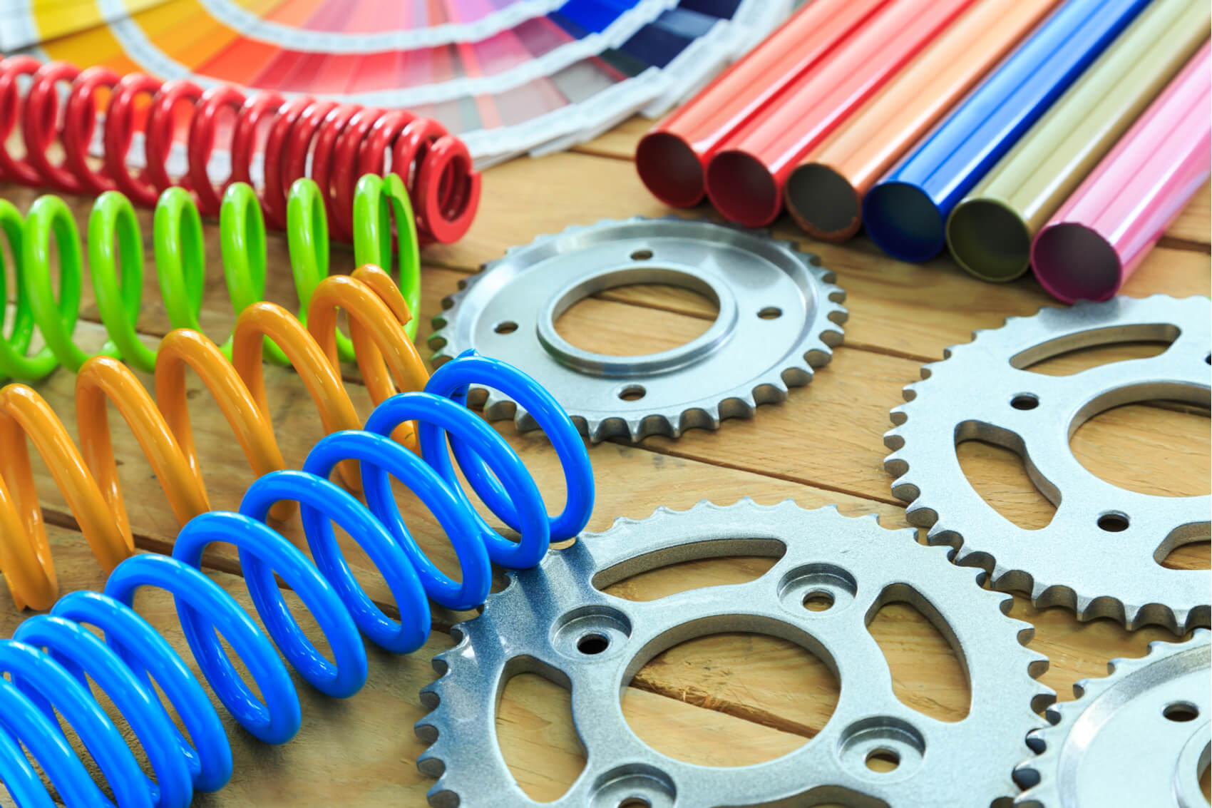 a colorful array of powder coated metal items